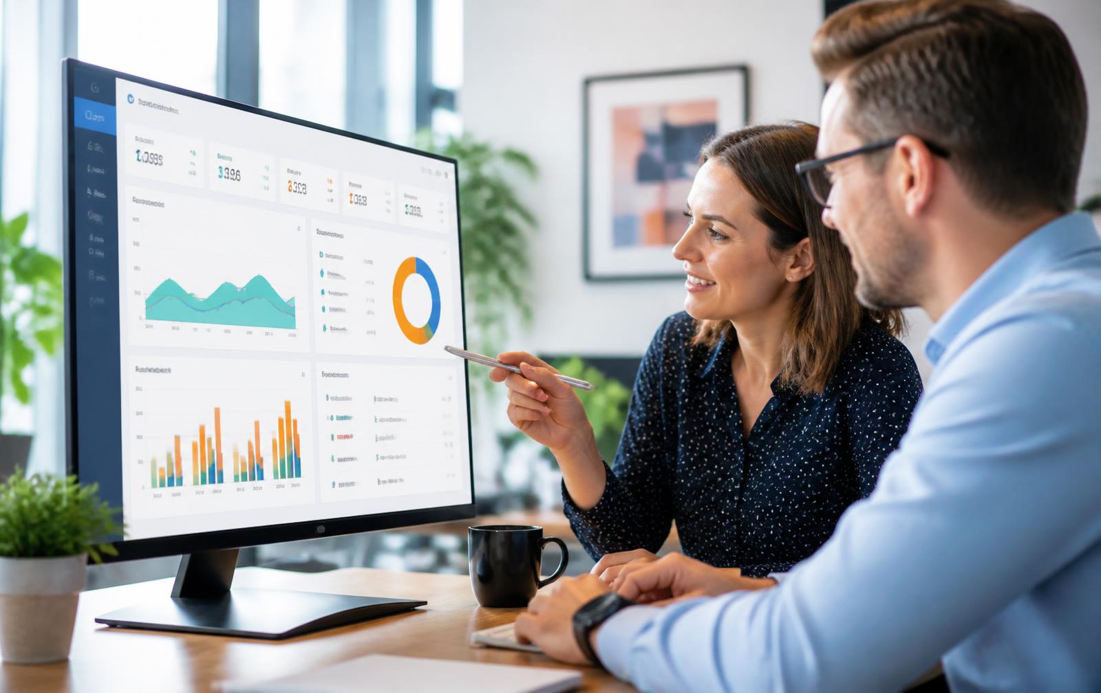Personas revisando métricas y conversiones de campañas en un monitor
