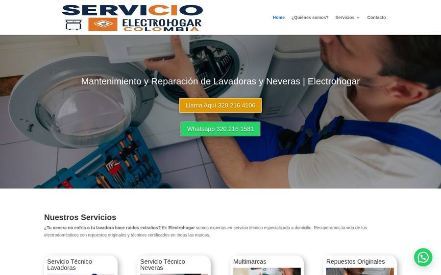 Captura real del sitio web de Servicio Electrohogar Colombia